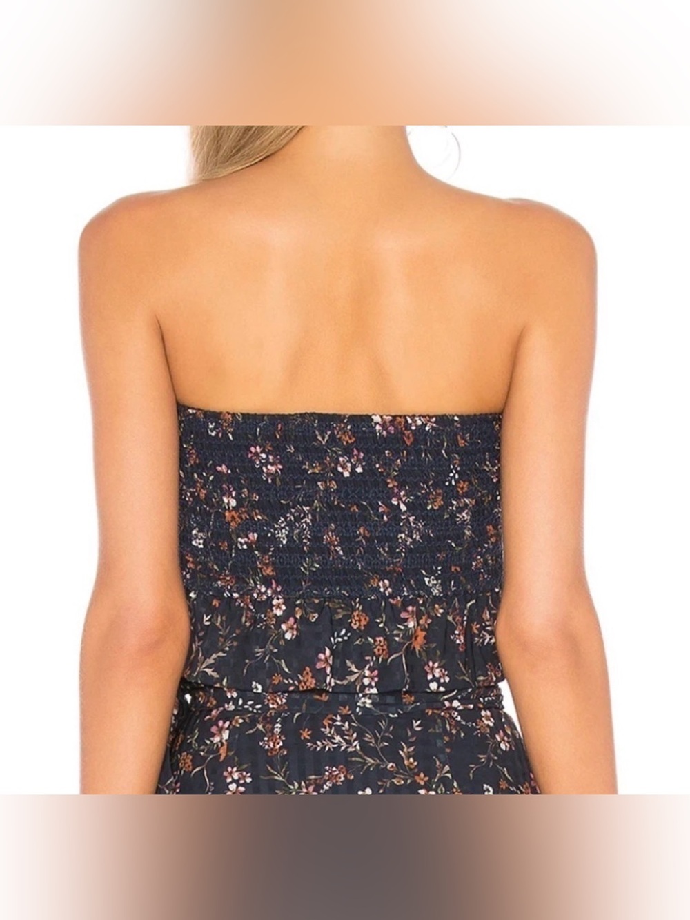 Tularosa Revolve Navy Floral Bobby Bandeau Smocked Ruffle Top size Large EUC - Picture 2 of 7